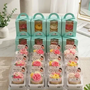 Set 12 Cupcake Hoa Nghệ Thuật Pink Green